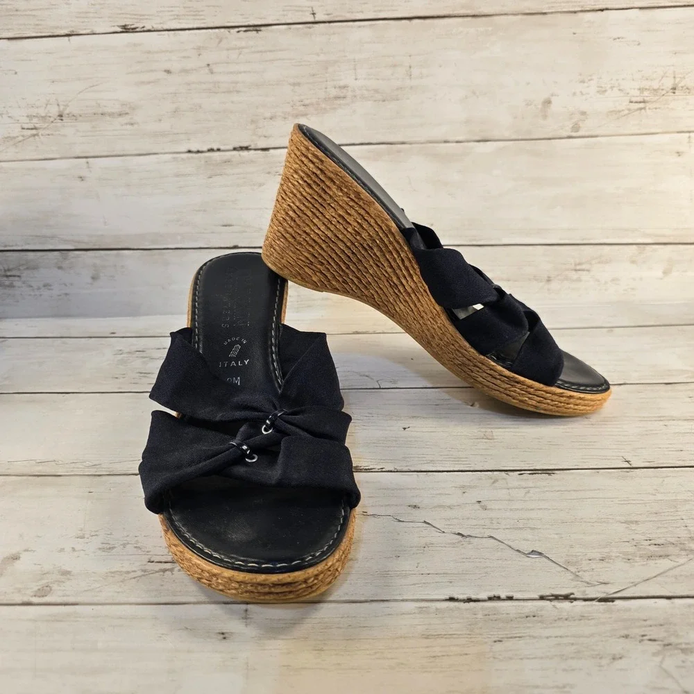 Italian‎ Shoemakers Navy Blue Wedge Sandals Knotted Fabric Espadrille Mules 8M